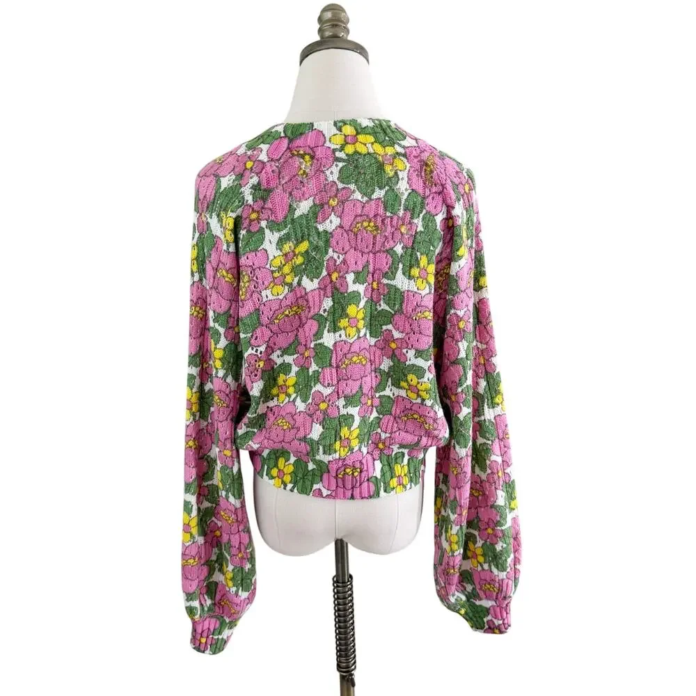 Show Me Your Mumu Pink/Green Floral Print Sweater Women's Size Small Crew Neck